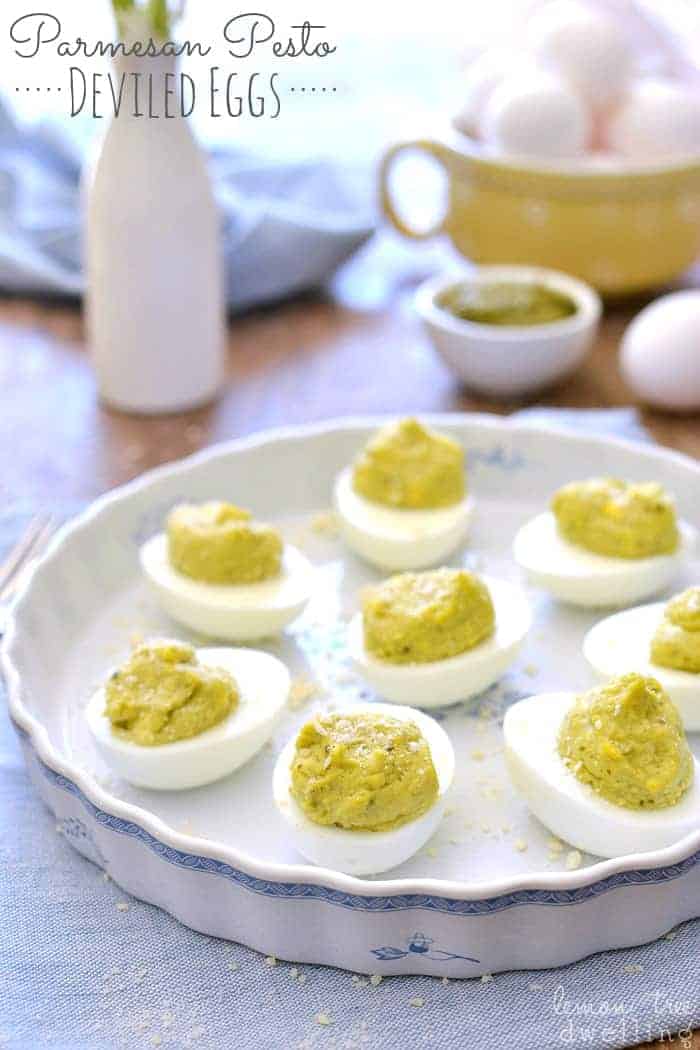 Parmesan Pesto Deviled Eggs are a easy and delicious protein snack or breakfast treat. These 5-ingredient deviled eggs are flavored with a touch of lemon and a big burst of flavor!