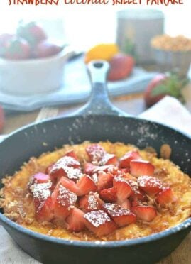 These Strawberry Coconut Skillet Pancakes are perfect for feeding a crowd or for enjoying all on your own! Pancakes get a makeover with this delicious skillet breakfast!