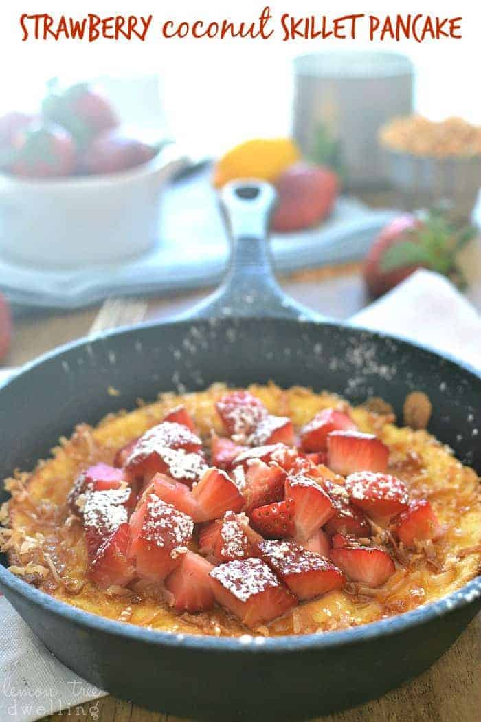 These Strawberry Coconut Skillet Pancakes are perfect for feeding a crowd or for enjoying all on your own! Pancakes get a makeover with this delicious skillet breakfast!