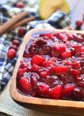 This Spiced Cranberry Pear Sauce is deliciously sweet and tart. It comes together in under 15 minutes and makes a fantastic addition to any holiday table!