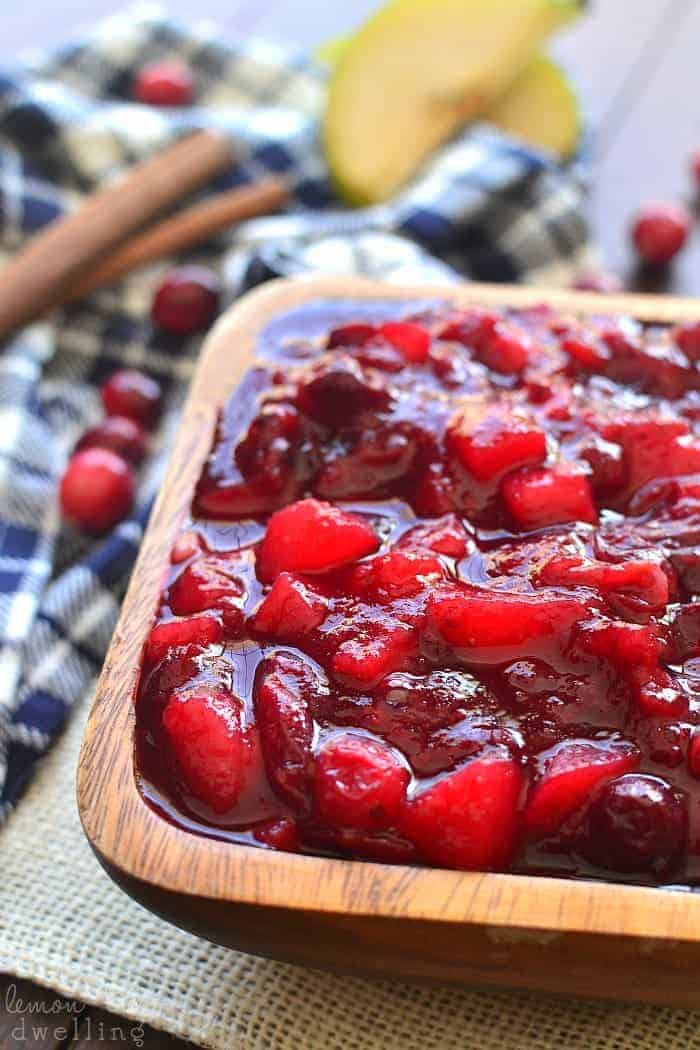This Spiced Cranberry Pear Sauce is deliciously sweet and tart. It comes together in under 15 minutes and makes a fantastic addition to any holiday table!