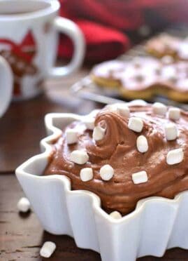 Hot Chocolate Buttercream Frosting is the perfect addition to your favorite holiday treats. This frosting whips up in 5 minutes or less. Use it on everything from cookies to cupcakes or grab a spoon and dig right in!