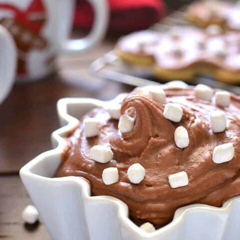 Hot Chocolate Buttercream Frosting is the perfect addition to your favorite holiday treats. This frosting whips up in 5 minutes or less. Use it on everything from cookies to cupcakes or grab a spoon and dig right in!