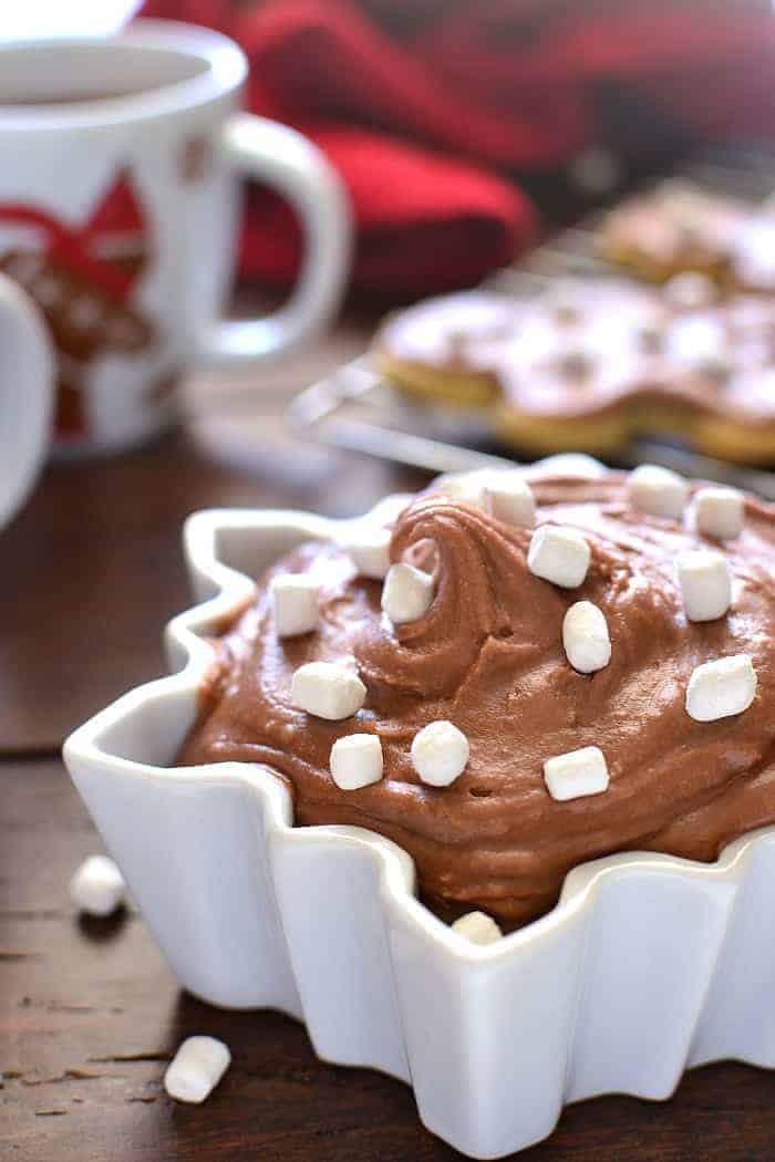 Hot Chocolate Buttercream Frosting is the perfect addition to your favorite holiday treats. This frosting whips up in 5 minutes or less. Use it on everything from cookies to cupcakes or grab a spoon and dig right in!