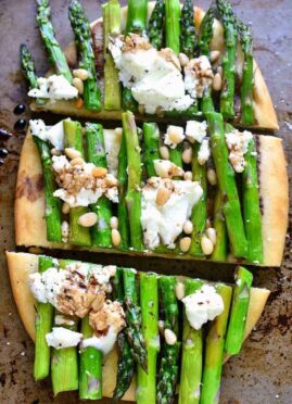 asparagus goat cheese flatbread, cut into 3 slices