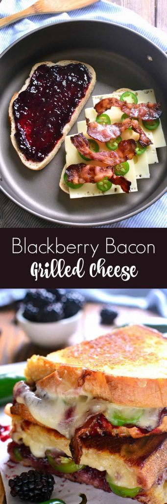 Blackberry Bacon Grilled Cheese is the perfect combination of savory and sweet! Made with Swiss cheese, blackberry jam, fresh jalapeños, and crispy bacon, it's a must try for ALL sandwich lovers! titled photo collage - Blackberry Bacon Grilled Cheese