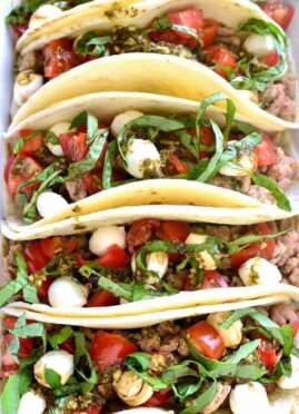 overhead image of Italian caprese tacos