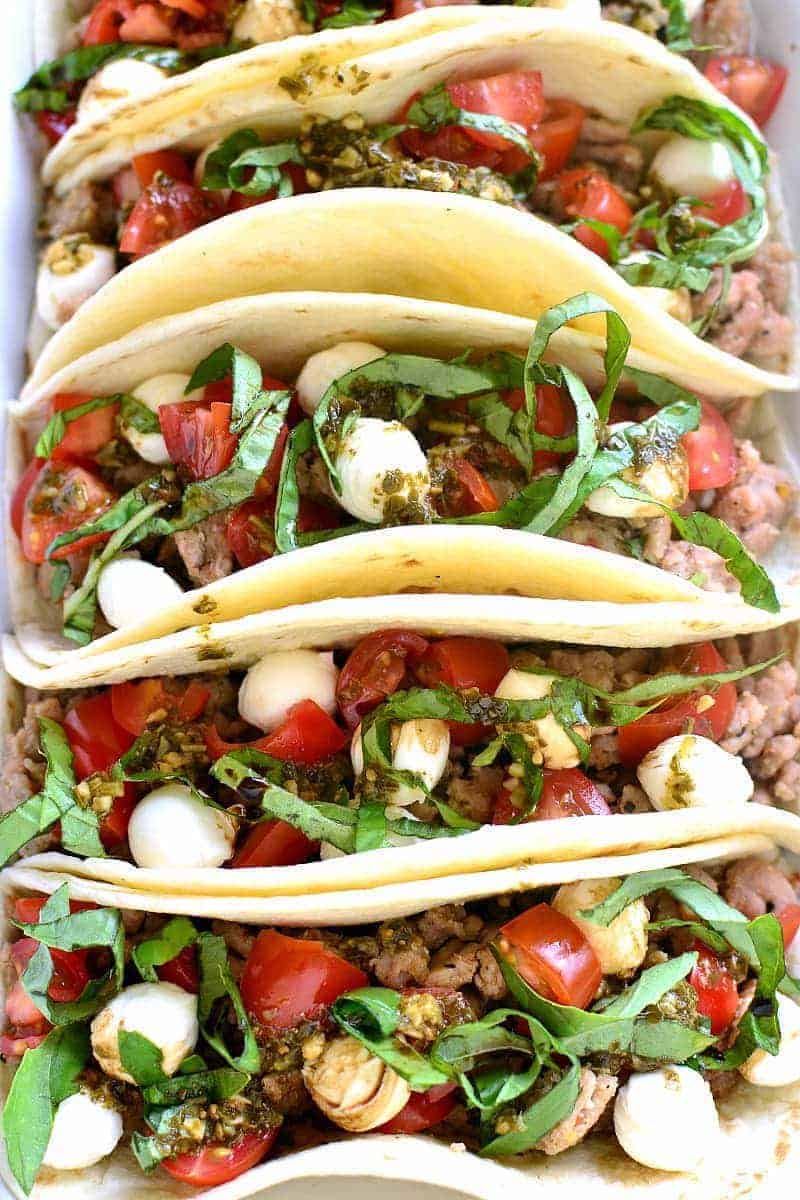 overhead image of Italian caprese tacos