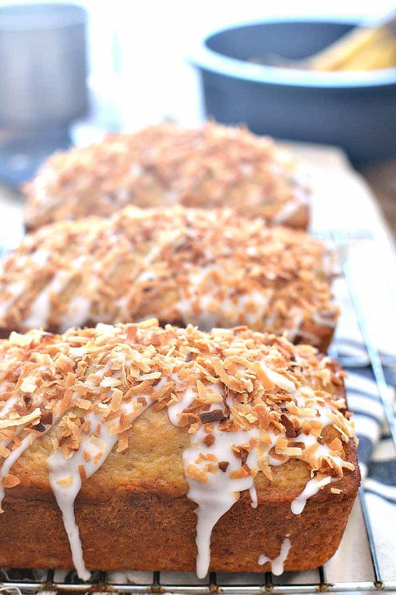 Close up of Coconut Rum Banana Bread loaf