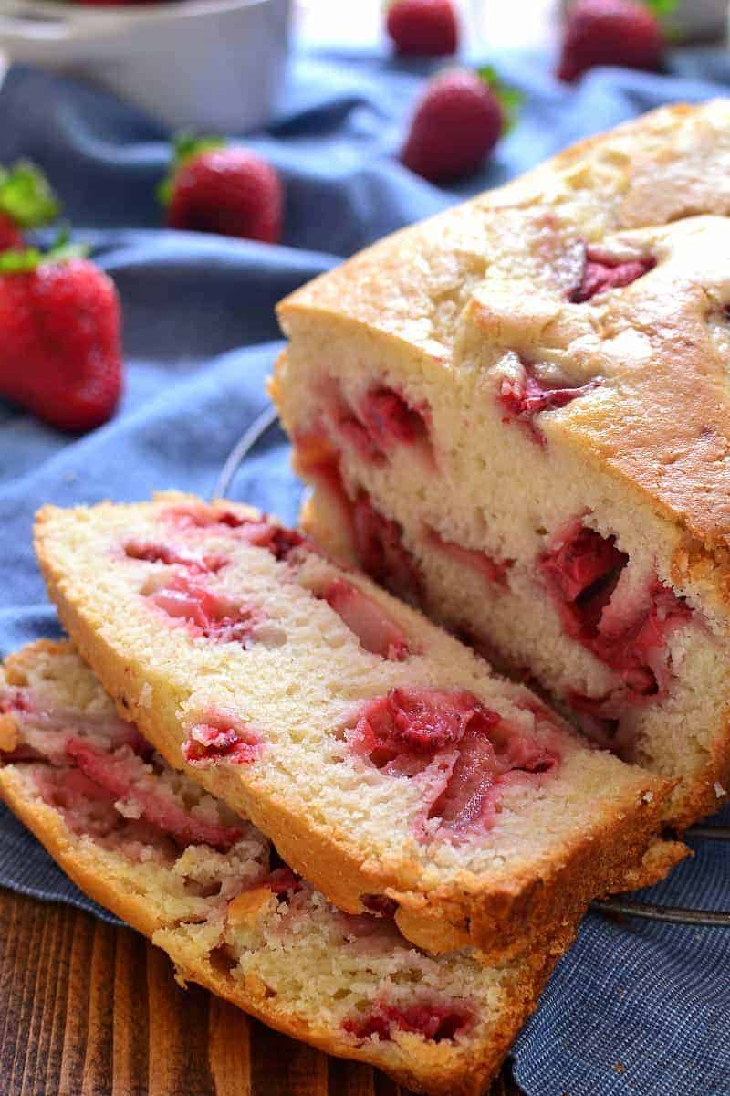 Sliced Strawberry Bread on a blue napkin