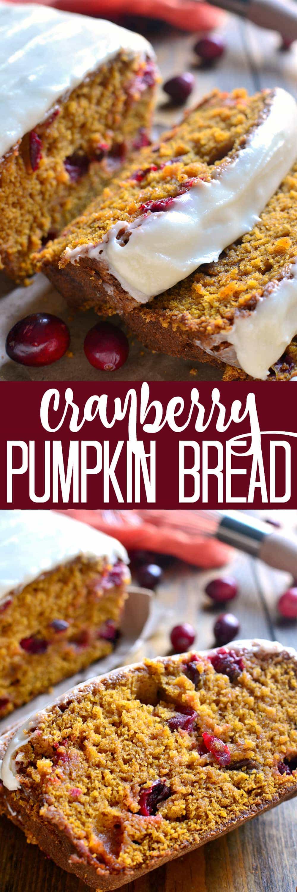 Cranberry Pumpkin Bread - the BEST pumpkin bread recipe, made better with the addition of fresh cranberries and sweet cream cheese icing!