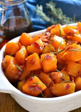 Maple Bacon Roasted Butternut Squash is sweetened with real maple syrup and mixed with crispy bacon. The perfect holiday side dish recipe