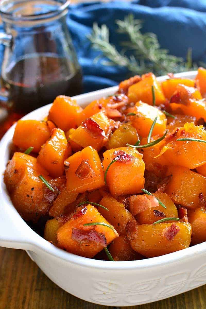 Maple Bacon Roasted Butternut Squash is sweetened with real maple syrup and mixed with crispy bacon. The perfect holiday side dish recipe