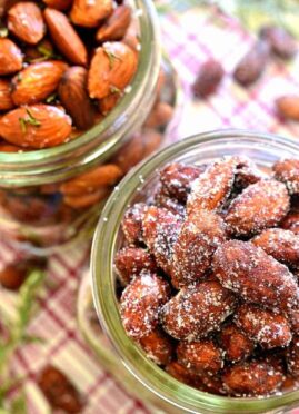 Roasted almonds, two ways! Cinnamon Honey Roasted Almonds AND Rosemary Olive Oil Roasted Almonds. One savory, one sweet, both equally delicious and perfect for holiday gifting!