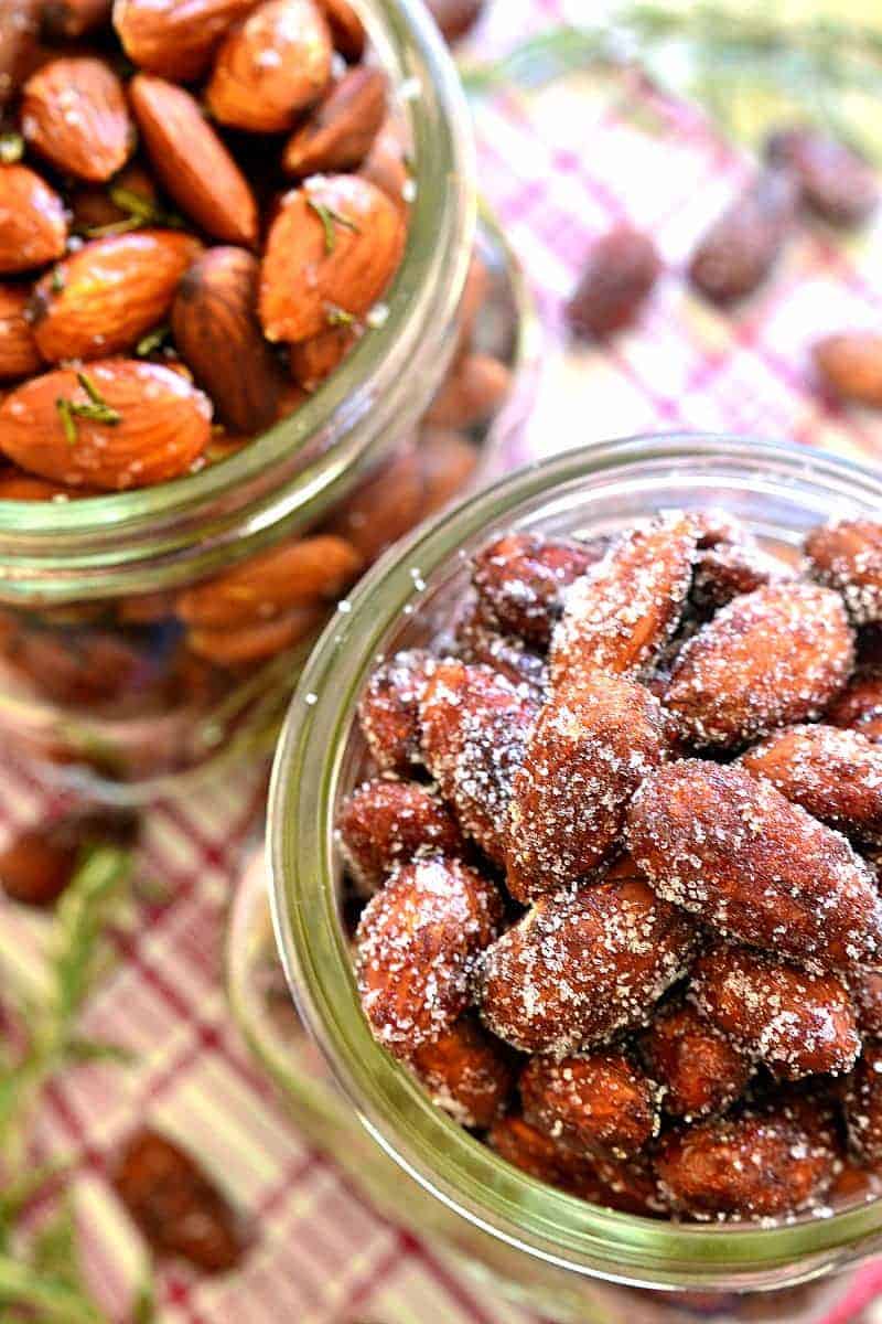 Roasted almonds, two ways! Cinnamon Honey Roasted Almonds AND Rosemary Olive Oil Roasted Almonds. One savory, one sweet, both equally delicious and perfect for holiday gifting!