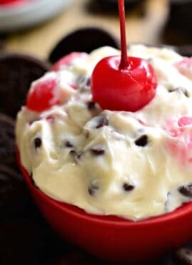This Chocolate Cherry Amaretto Dip is sweet, creamy, and SO delicious! This 5 minute, 5 ingredient dip will disappear fast! Perfect for Valentine's Day....or just because!