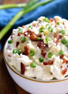 This Bacon Blue Cheese Dip is the ultimate easy party dip! Loaded with the delicious flavors of bacon and blue cheese, this dip is creamy, flavorful, and perfect for easy entertaining!