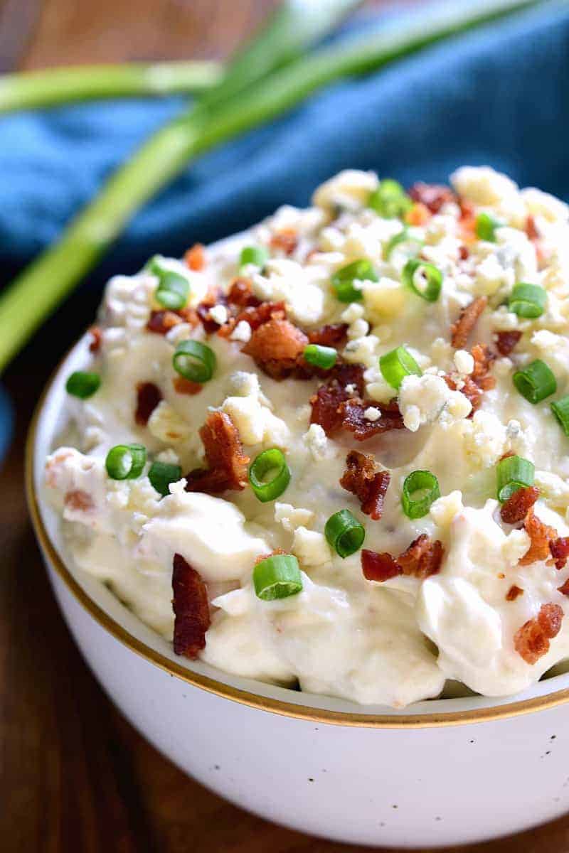 This Bacon Blue Cheese Dip is the ultimate easy party dip! Loaded with the delicious flavors of bacon and blue cheese, this dip is creamy, flavorful, and perfect for easy entertaining!