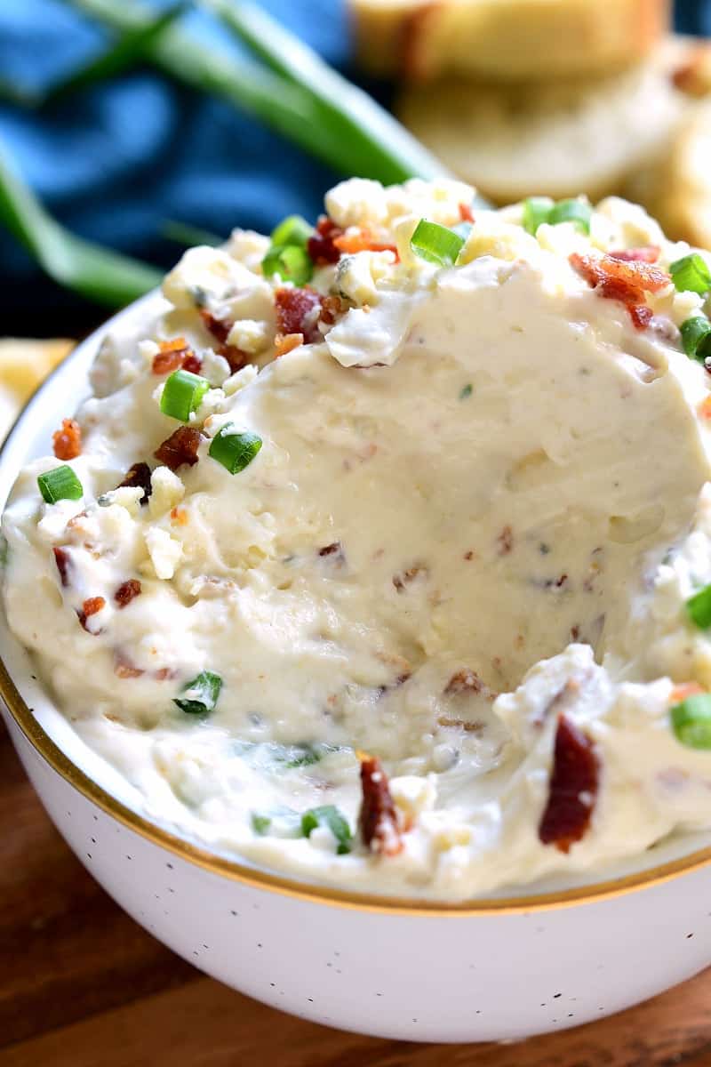 This Bacon Blue Cheese Dip is the ultimate easy party dip! Loaded with the delicious flavors of bacon and blue cheese, this dip is creamy, flavorful, and perfect for easy entertaining!
