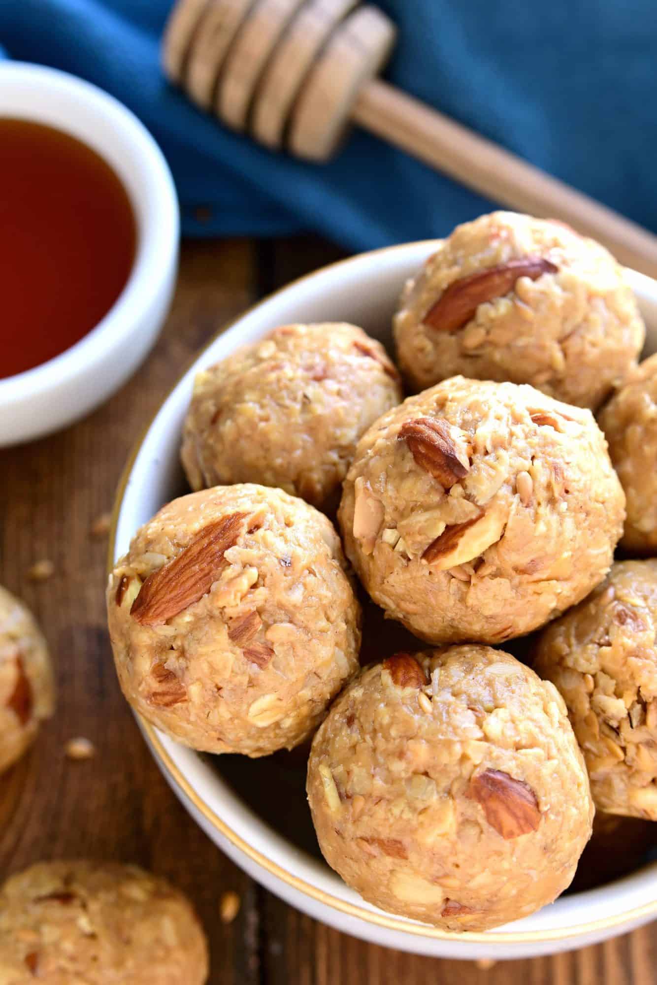 These Honey Almond Energy Bites are packed with healthy ingredients and perfect for a quick snack!