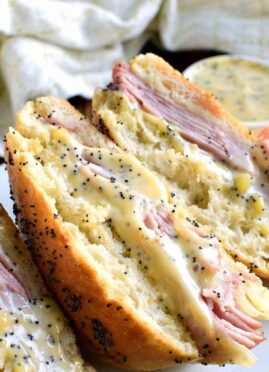 This Honey Mustard Ham and Cheese Sandwich is perfect when paired with a hot soup or crisp salad. A poppyseed infused mustard will elevate this hot sandwich!