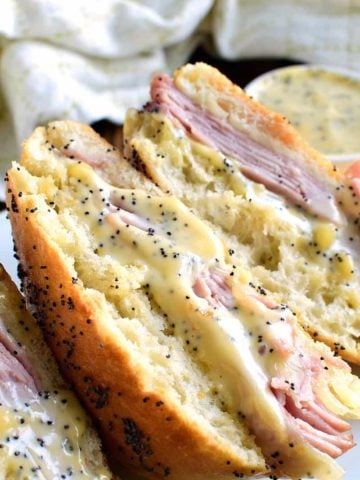 This Honey Mustard Ham and Cheese Sandwich is perfect when paired with a hot soup or crisp salad. A poppyseed infused mustard will elevate this hot sandwich!
