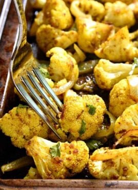 sheet pan of curry roasted cauliflower