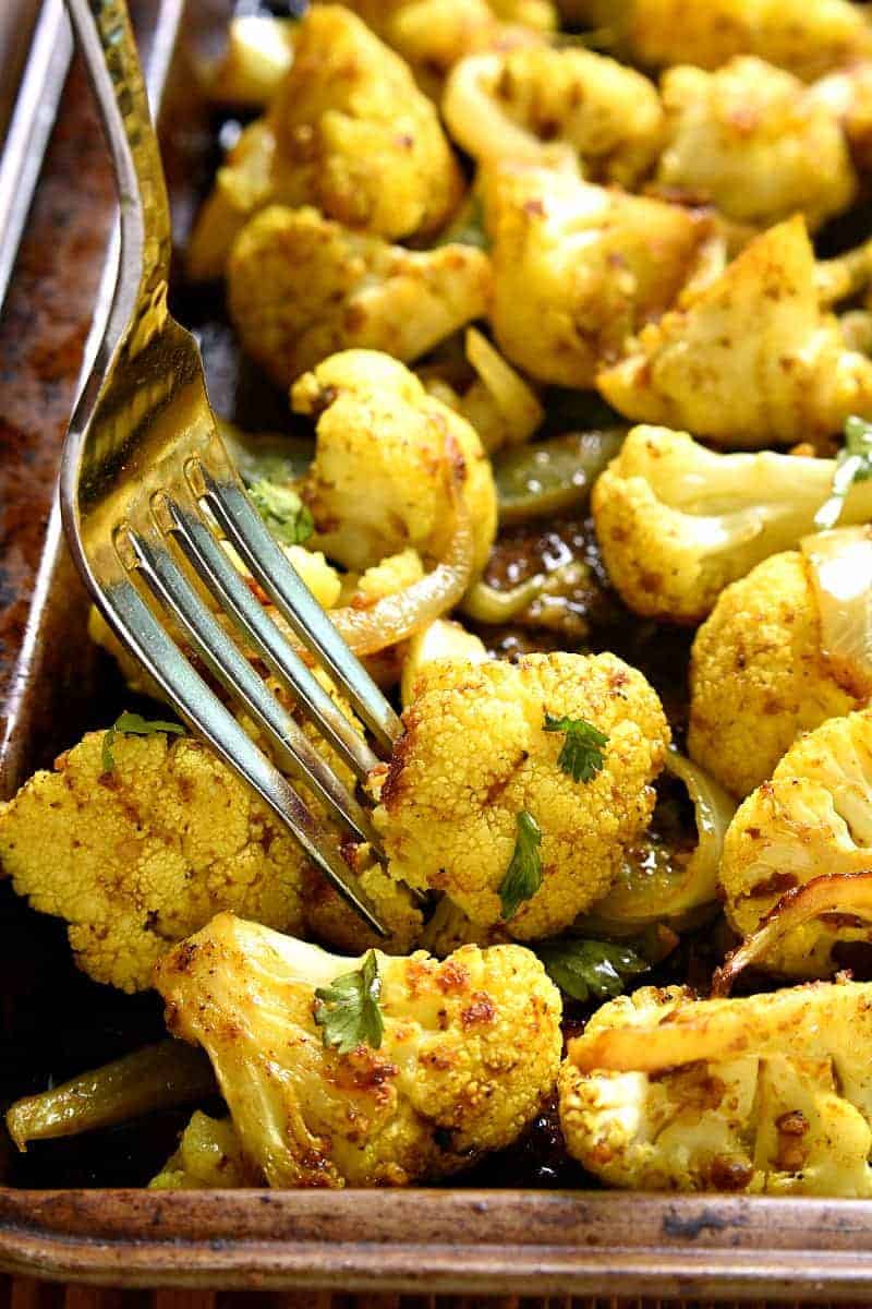 sheet pan of curry roasted cauliflower