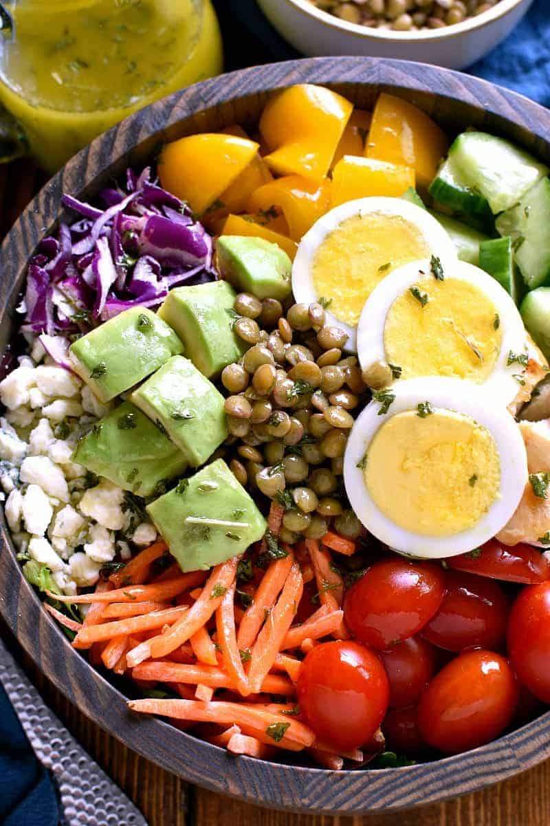 close up image of a protein power salad