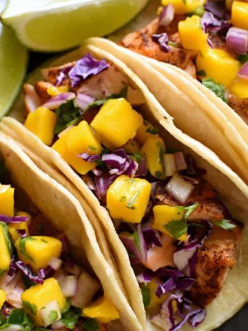 close up image of fish tacos made with salmon