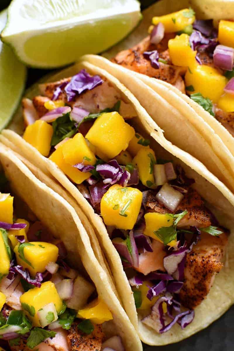 close up image of fish tacos made with salmon