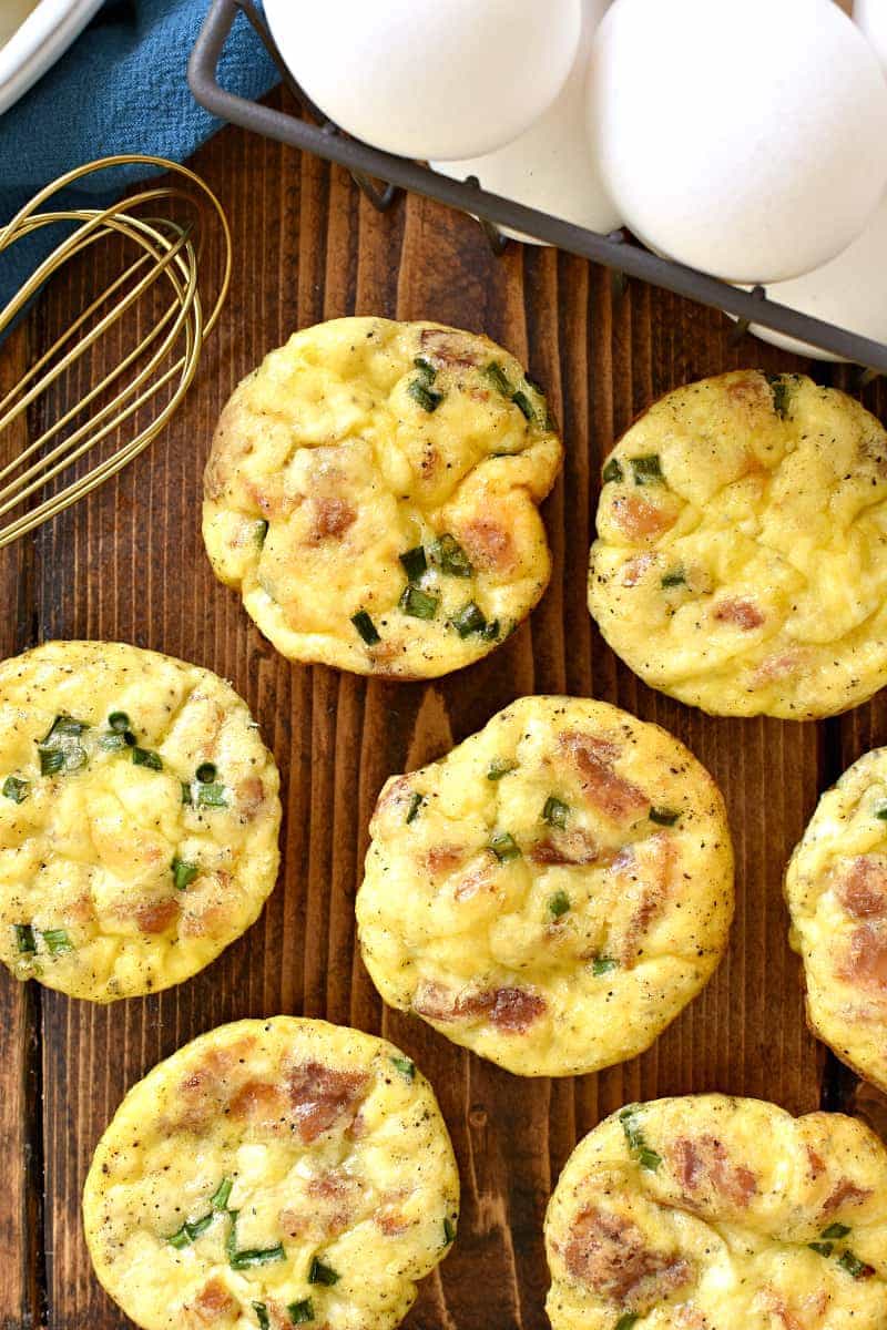 Overhead shot of egg muffins on wooden table