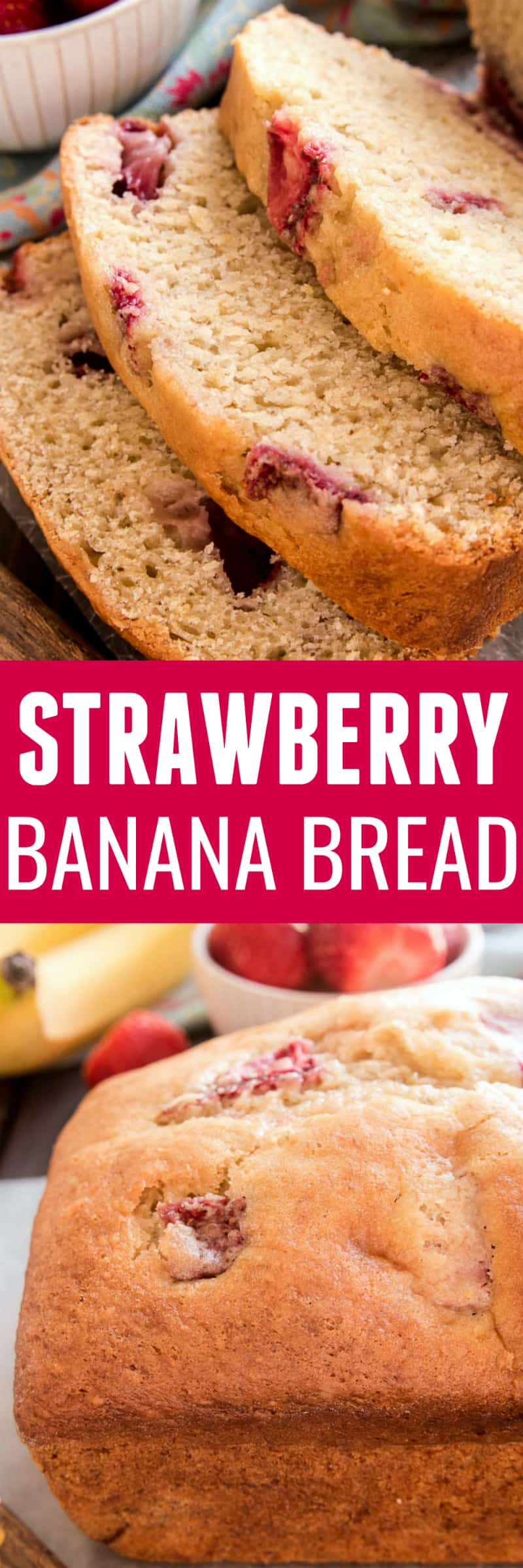 Banana Bread gets a fun new twist with the addition of fresh strawberries! This Strawberry Banana Bread starts with the BEST Banana Bread recipe and adds just a few simple ingredients to take it to the next level. Perfect for breakfast, snack, or even dessert...this recipe is packed with delicious flavor and sure to become a new favorite. If your family loves fresh, homemade bread, they'll go crazy for this delicious Strawberry Banana Bread! And you'll love how easy it is to make!