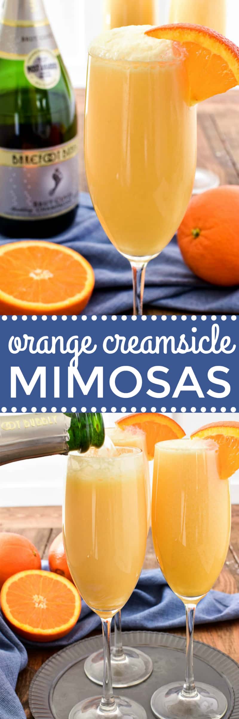 Take your favorite breakfast cocktail to the next level with these delicious Orange Creamsicle Mimosas! They combine the fun of childhood with the deliciousness of adulthood....all in one glass. Made with 4 simple ingredients, these mimosas are just the right blend of creamy, sweet, and bubbly. Perfect for weekend brunches, ladies' nights, or lazy days by the pool. If you love mimosas (and who doesn't!?) you'll love this fun, creamy, YUMMY twist!