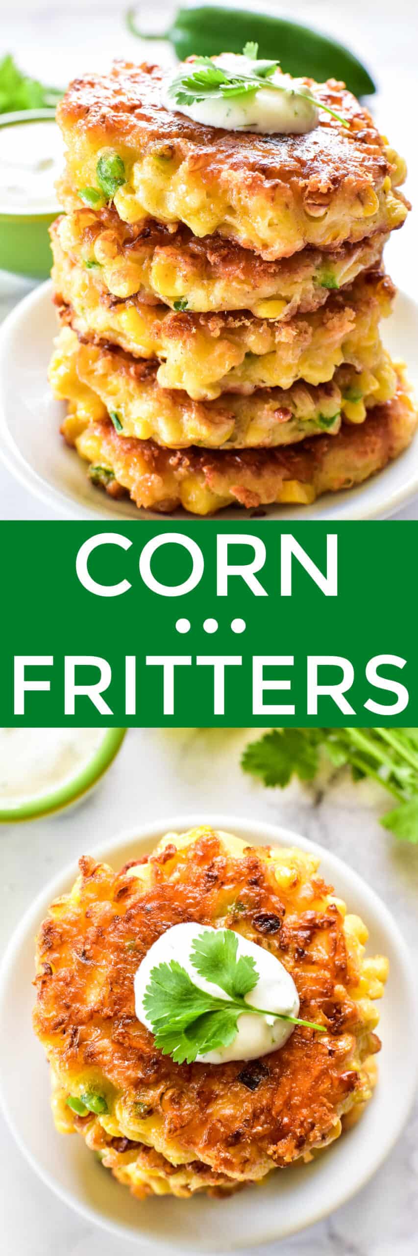 Collage image of Corn Fritters stacked on a plate