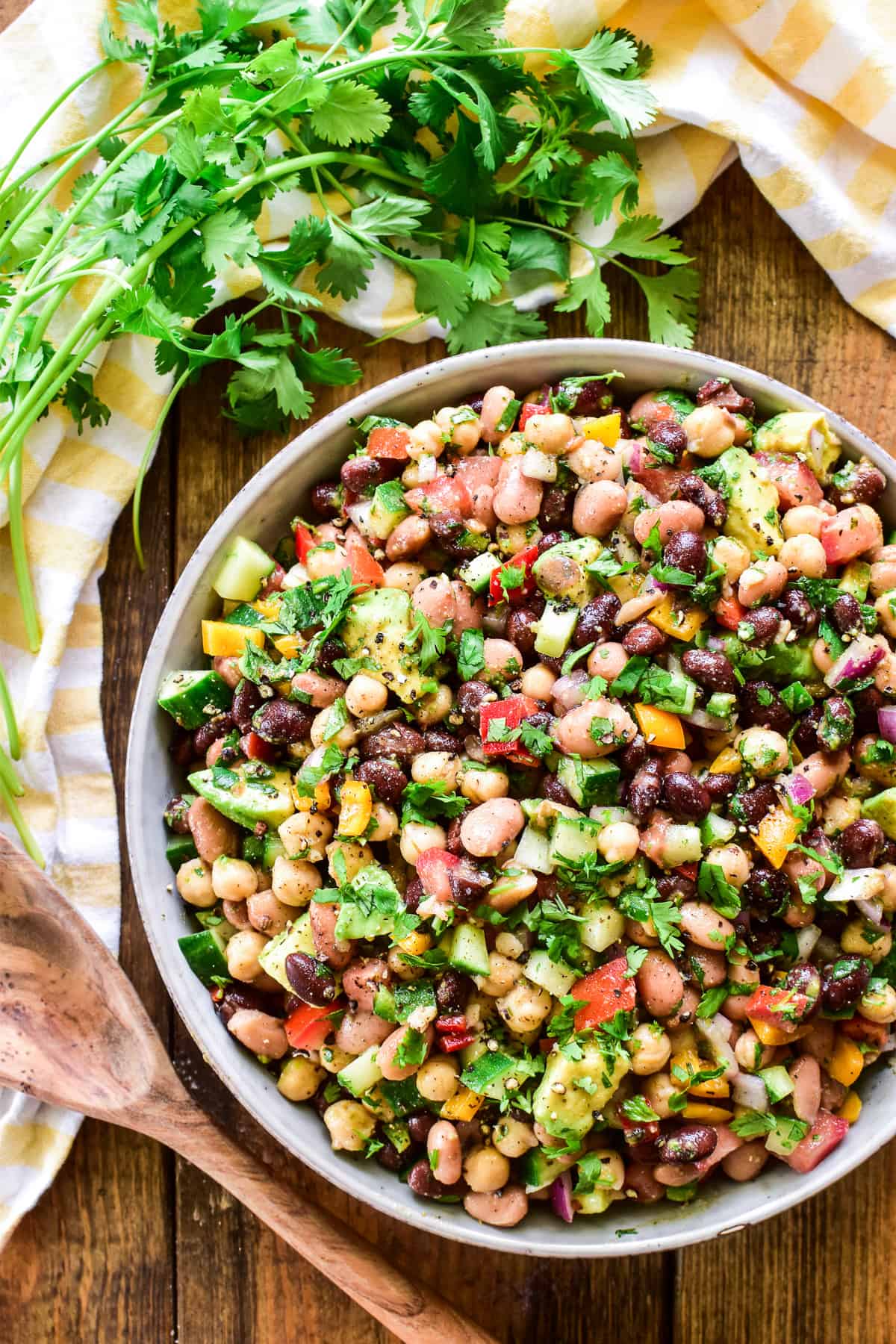 Overhead shot of 3 Bean Salad with fresh cilantro