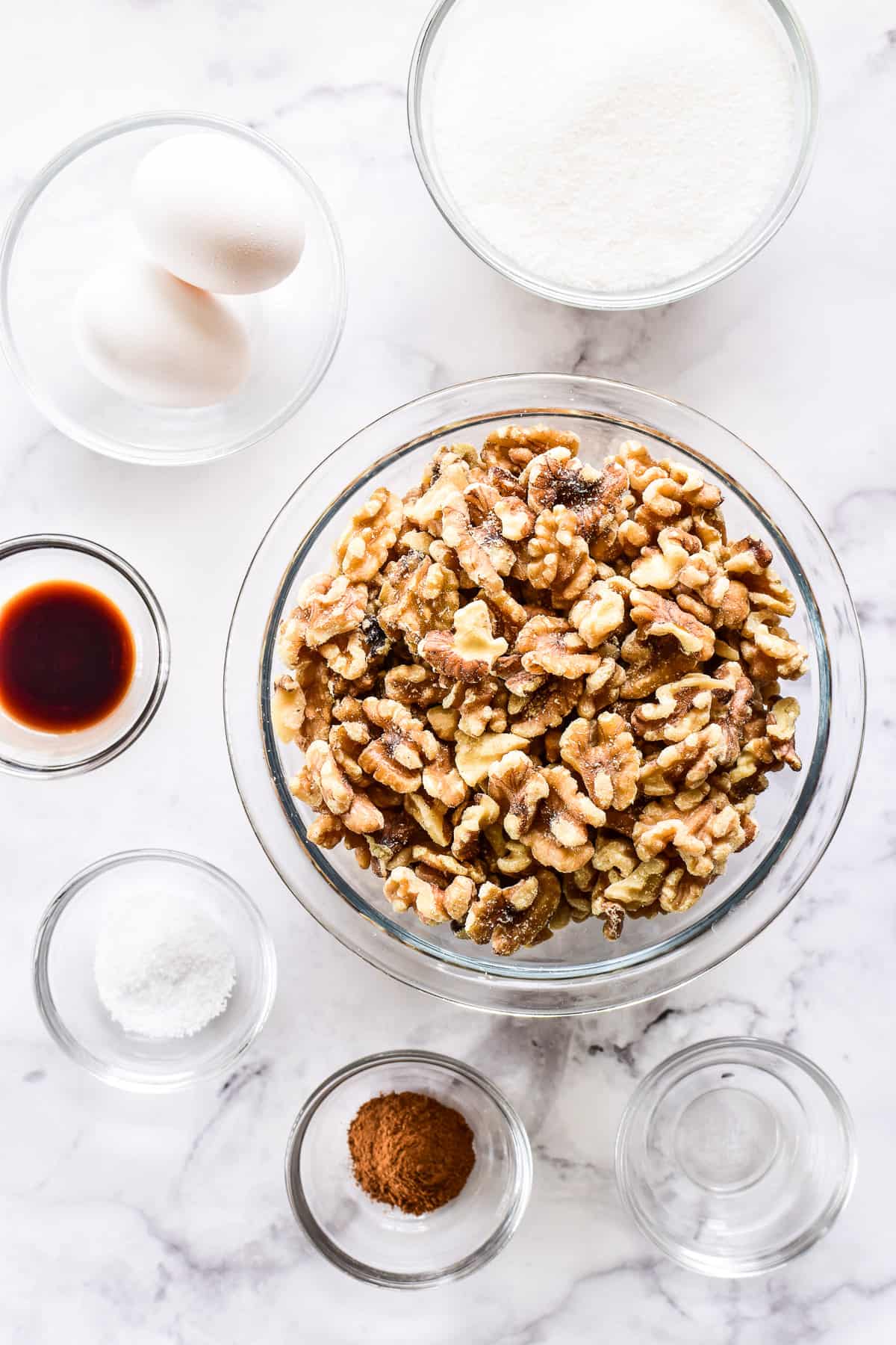 Overhead shot of ingredients in small glass bowls