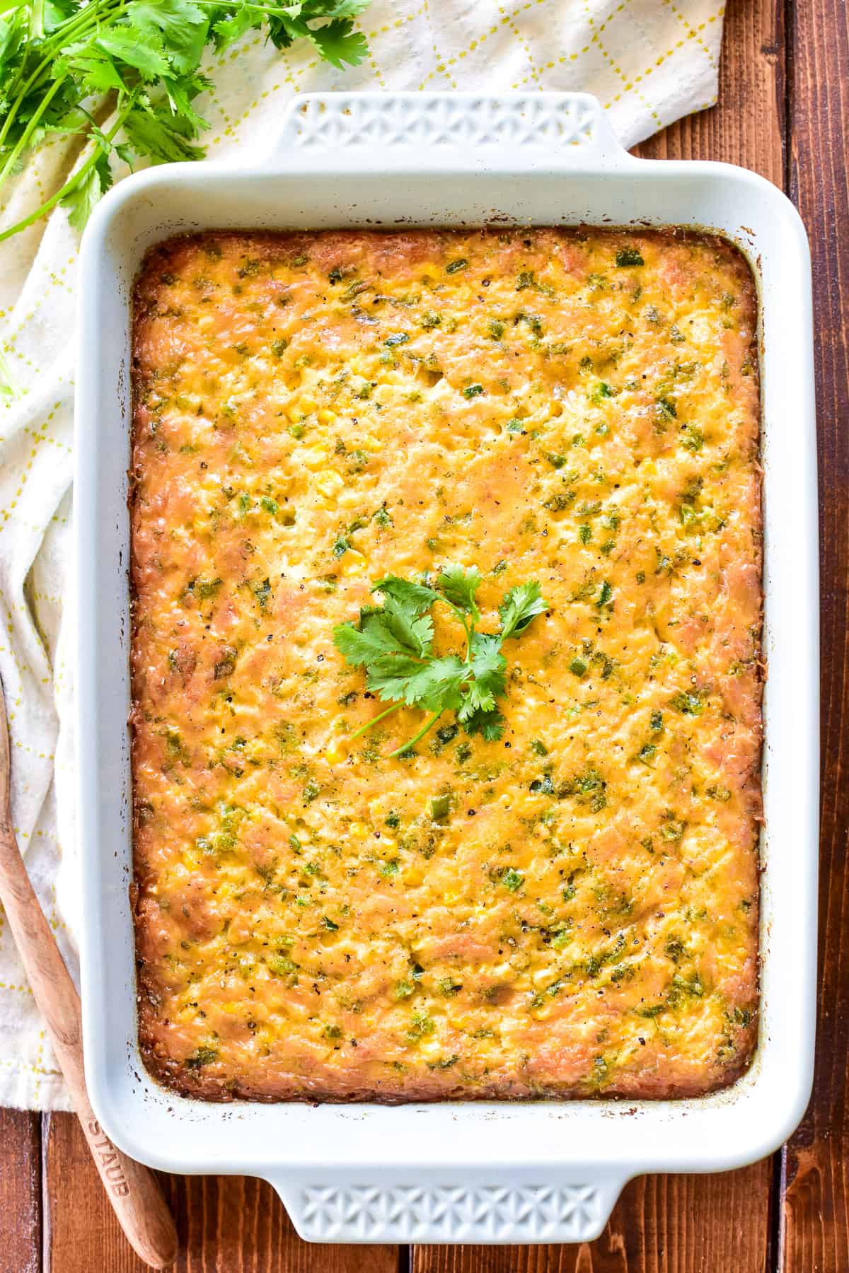 Overhead shot of Corn Pudding in a baking dish
