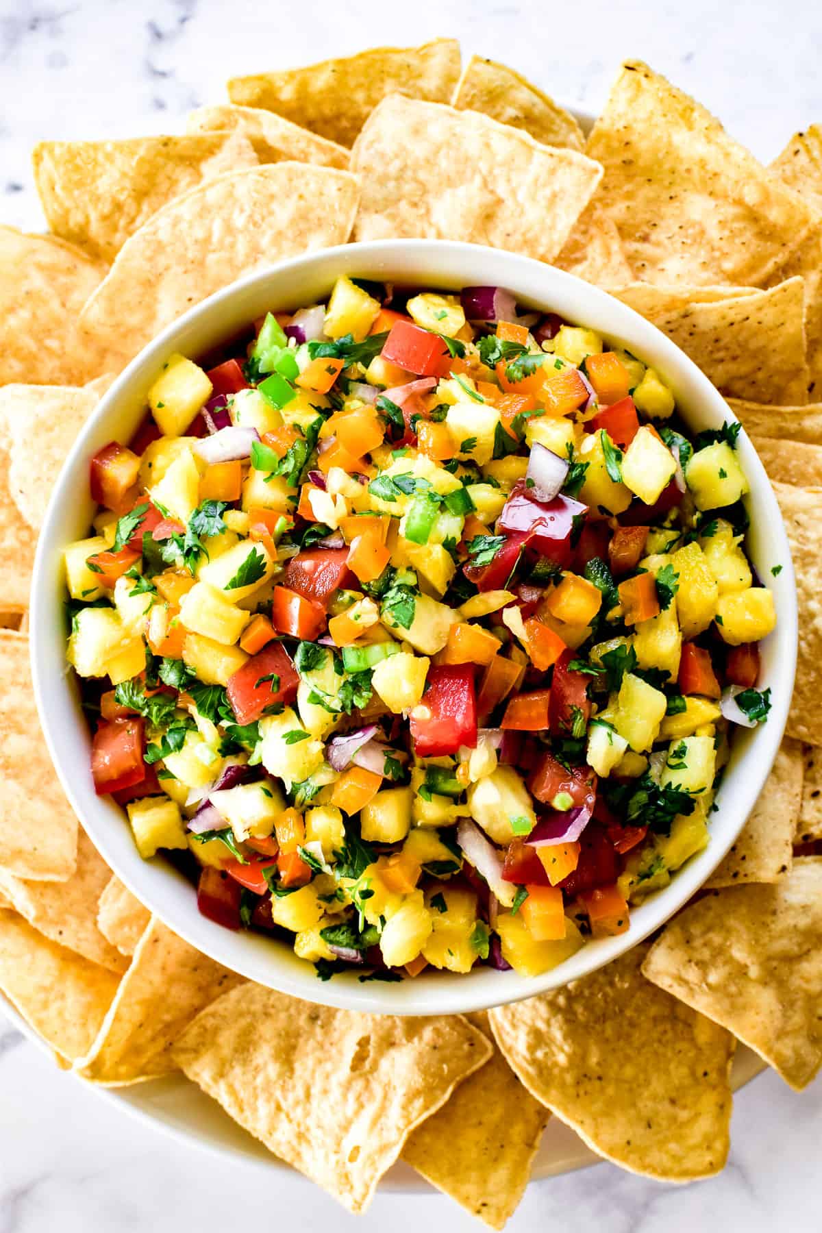 Overhead shot of Pineapple Salsa with tortilla chips