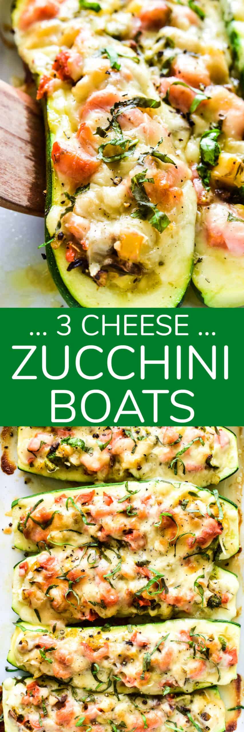 Zucchini Boats are a healthy dinner option with so many fun possibilities! This 3-Cheese version combines sauteed veggies with ricotta, mozzarella, and Parmesan cheeses in a delicious low-carb meal the whole family will love!