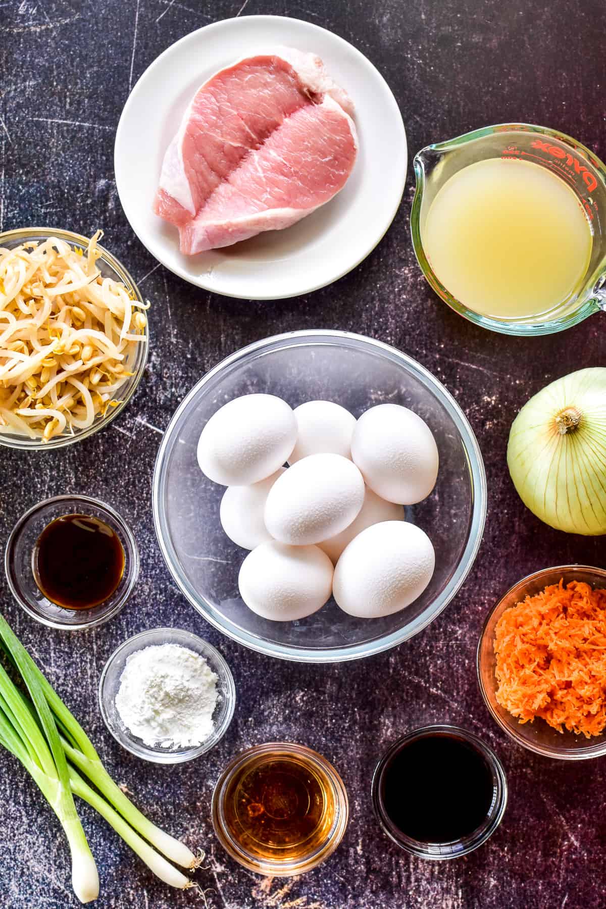 Egg Foo Young ingredients on a dark background