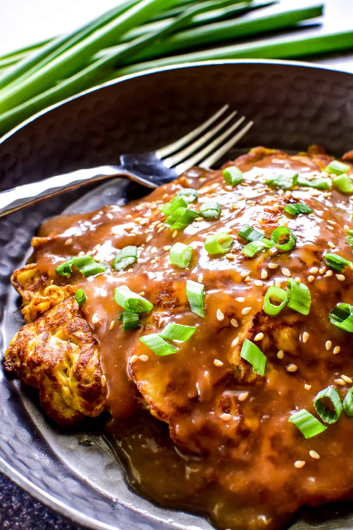 Close up of Egg Foo Young on a plate