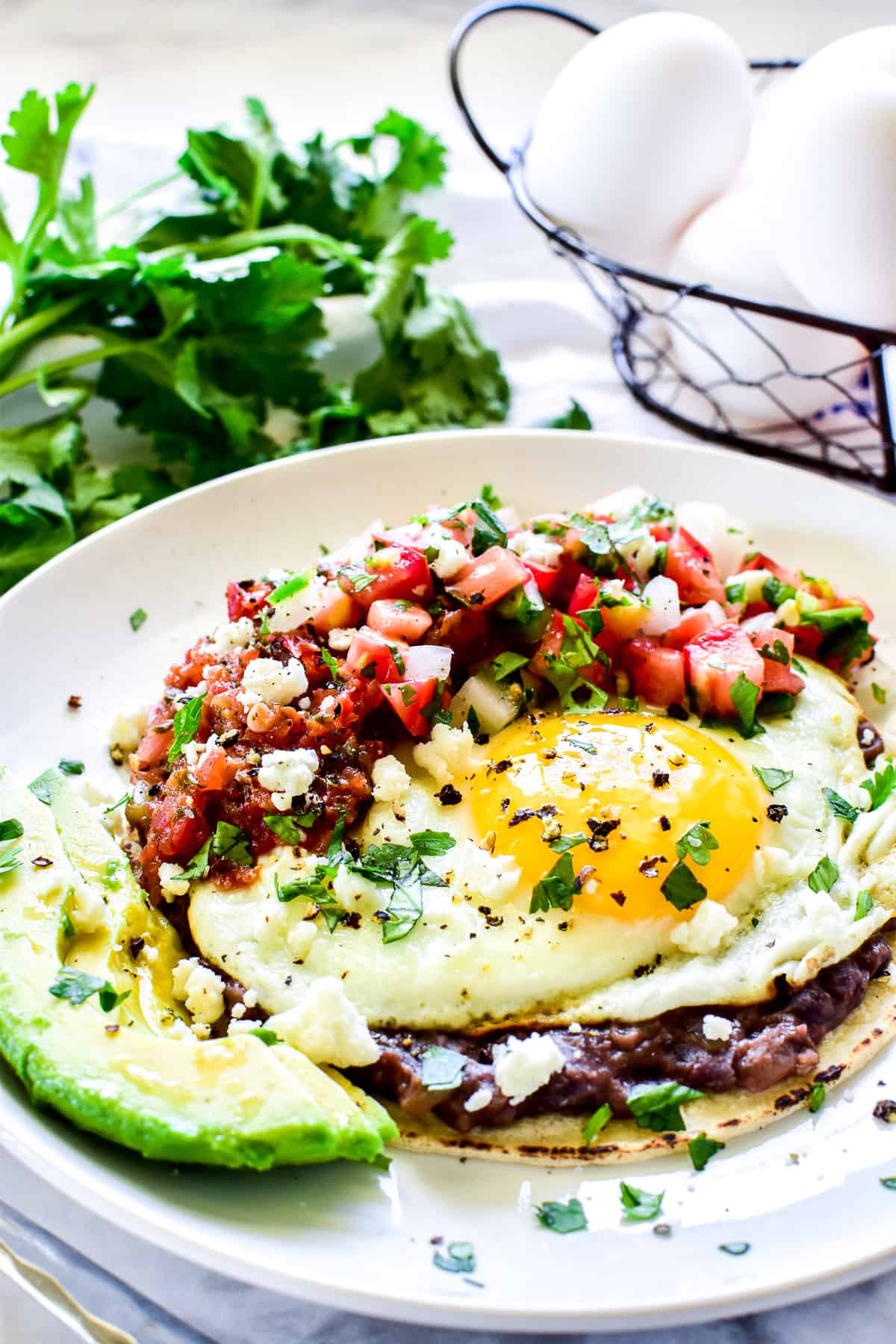 Close up side view of Huevos Rancheros 