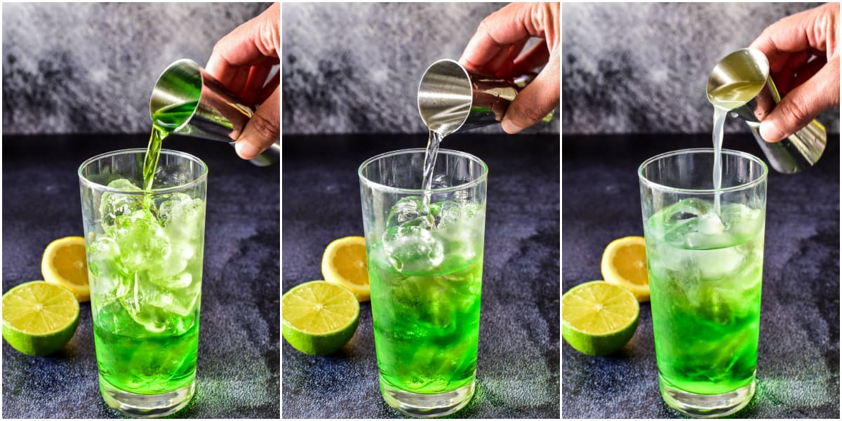 How to make a Midori Sour steps 1, 2, and 3