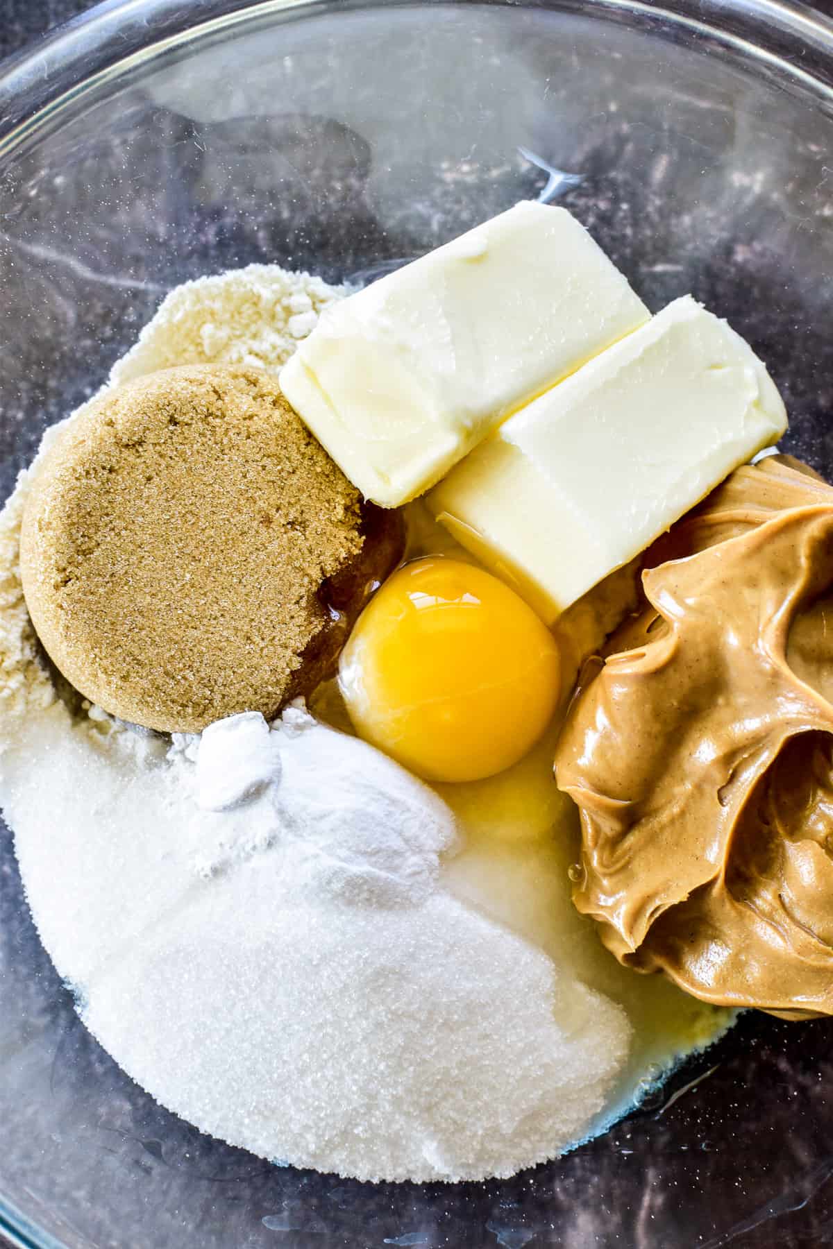 Peanut Butter Cookie ingredients in a mixing bowl