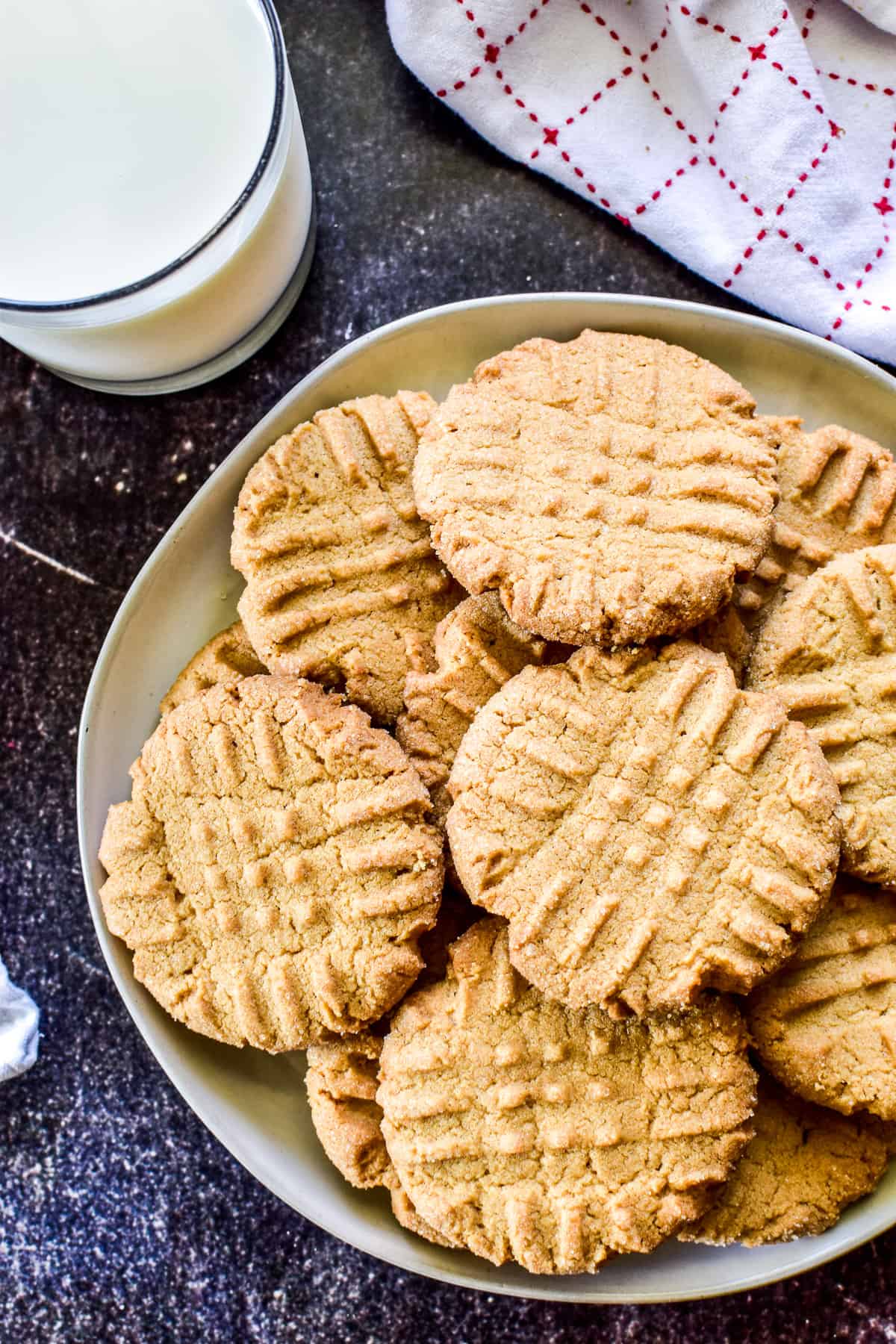 Overhead shot of Peanut Butter Cookies on a white plate
