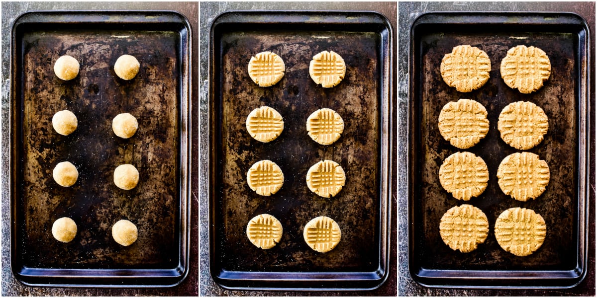 Process shots of peanut butter cookies on baking sheets