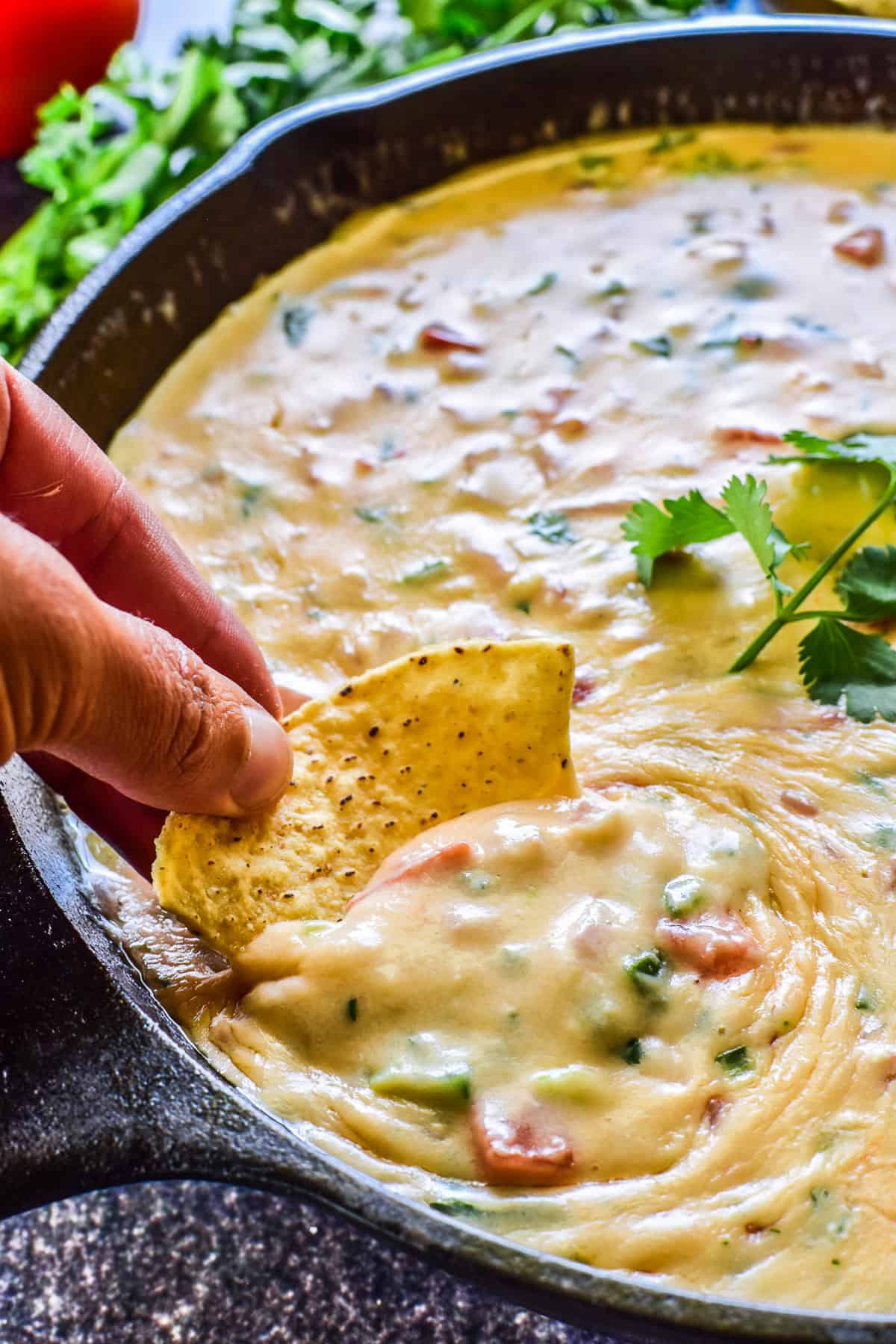 Tortilla chip being dipped into Queso