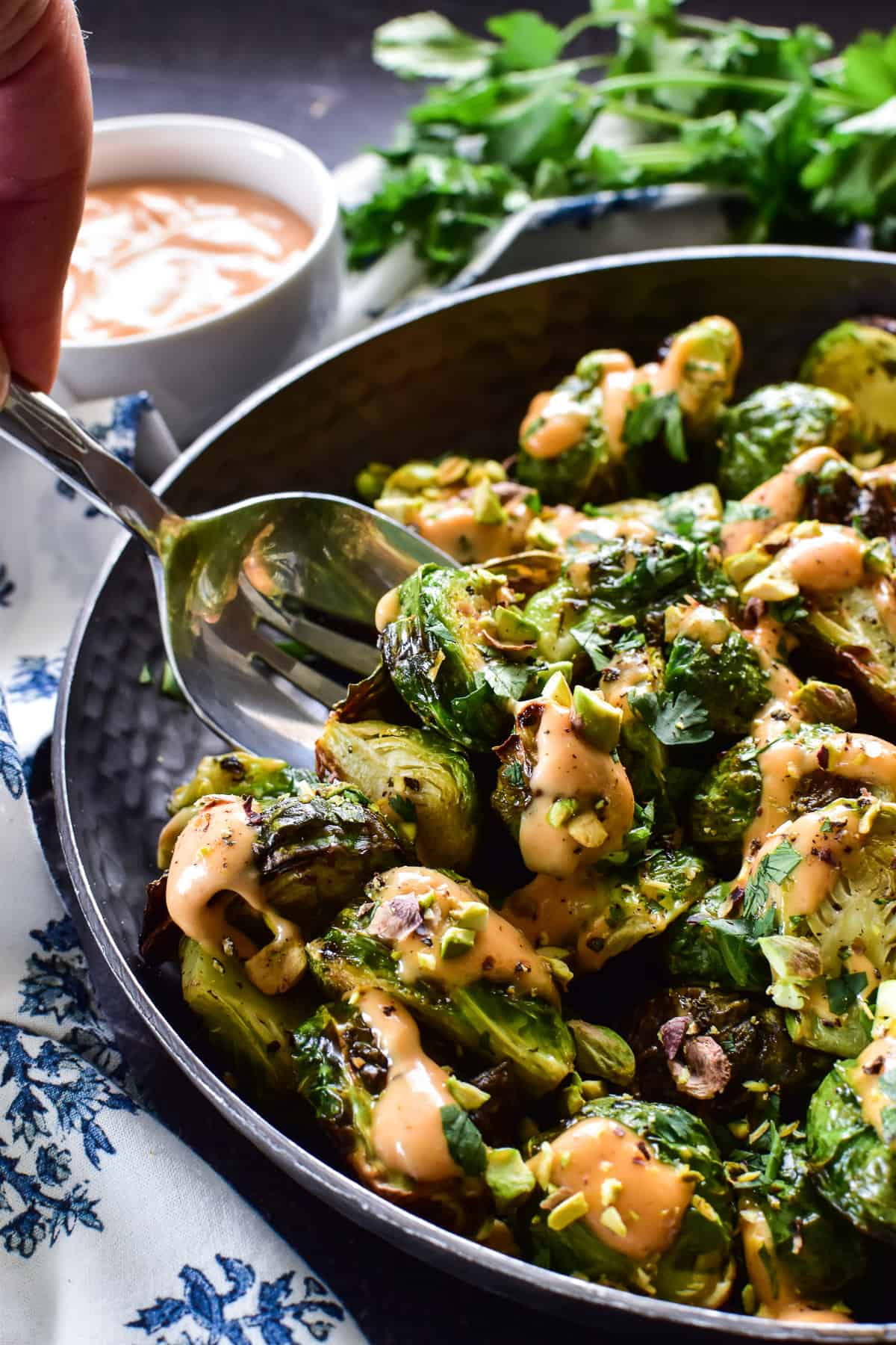 Air Fryer Brussel Sprouts with sesame sriracha aioli