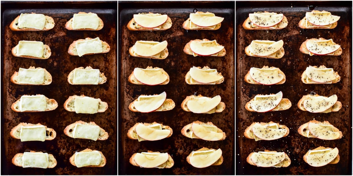 Step by step process shots of assembling Apple Brie Crostini